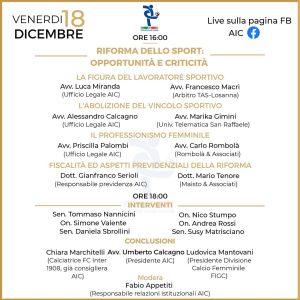 18 dicembre 2020, Webinar AIC - Associazione Italiana Calciatori "Riforma dello Sport: Opportunità e Criticità"